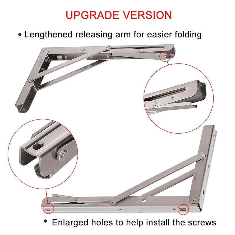 YUMORE Folding Shelf Brackets 12", Max Load: 330lb Heavy Duty Stainless Steel Collapsible Shelf Bracket for Table Work Bench, Space Saving DIY Bracket, Pack of 2 - Image 2